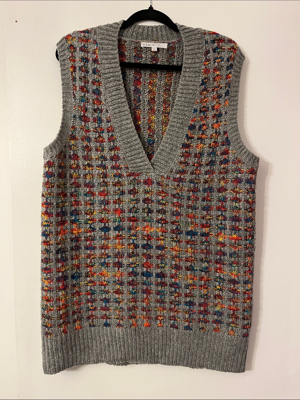 cleo Gray V-Neck Knit Sweater Vest with Multicolor Flecks
